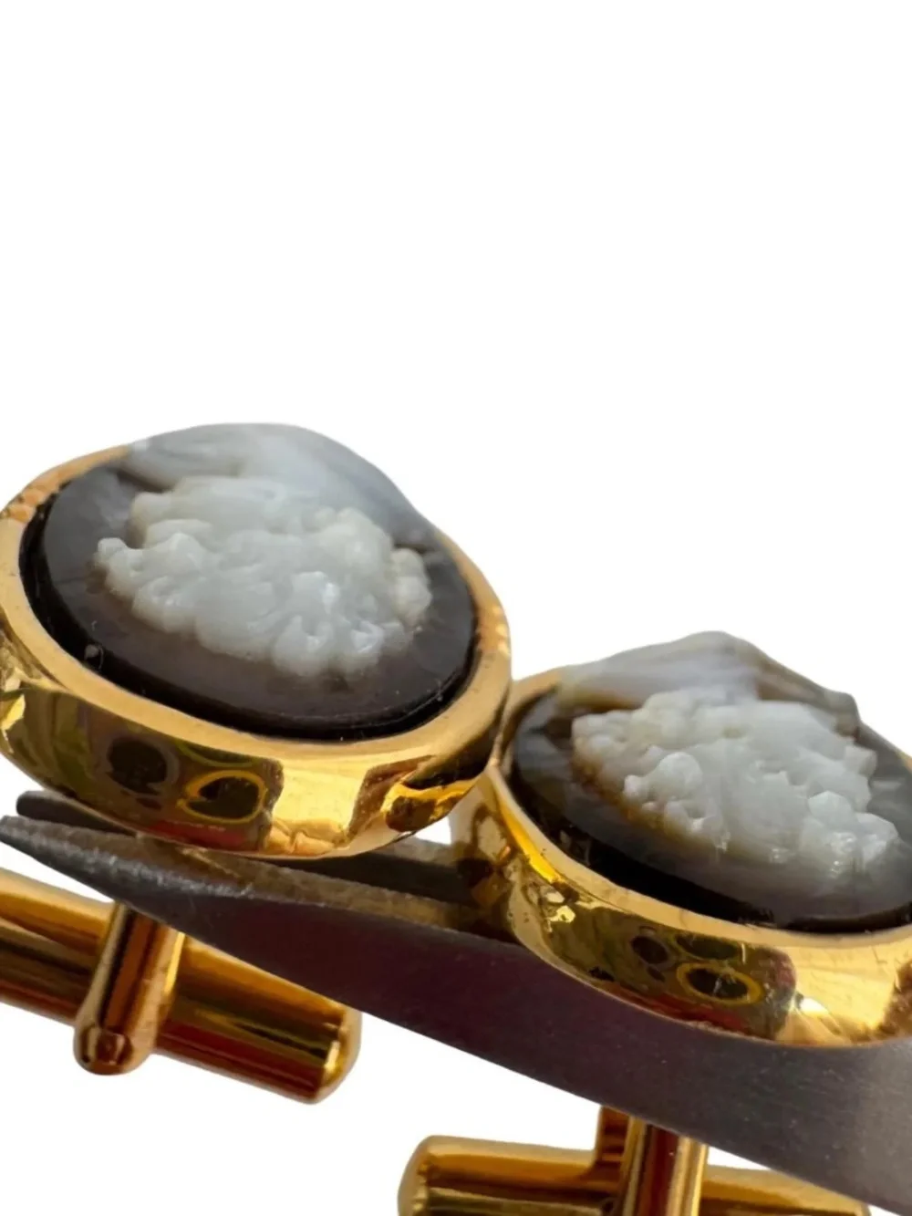 Vintage Black Shell Cameo Cufflinks Victorian Portrait Gold Tone Formal Wedding